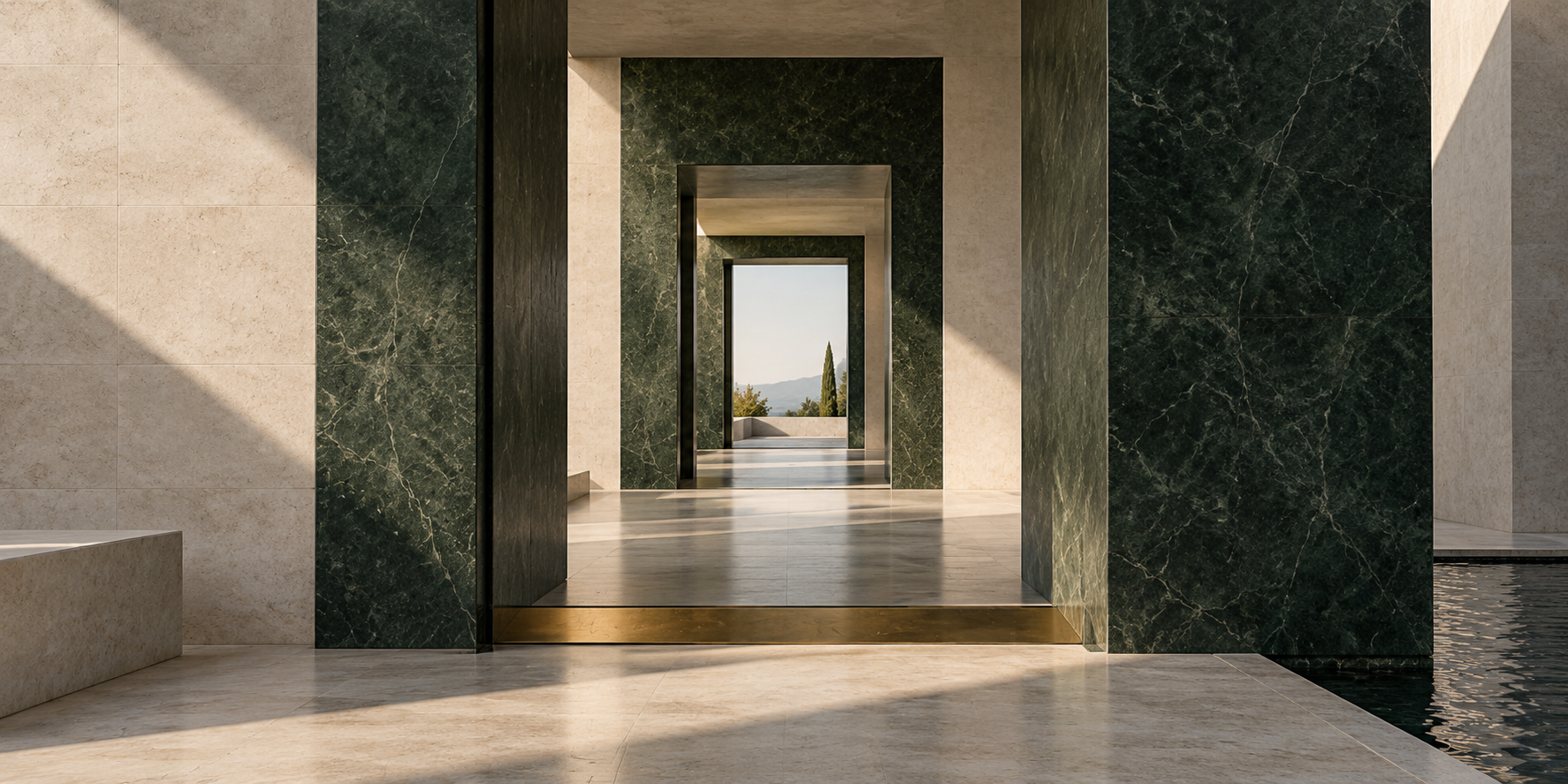 An architectural study of deep green stone thresholds, pale limestone and a brass detail